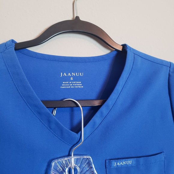 Jaanuu Royal Blue 3-Pocket V-Neck Top Small + Drawstring 6 Pocket Pant Scrub Set - Picture 3 of 10